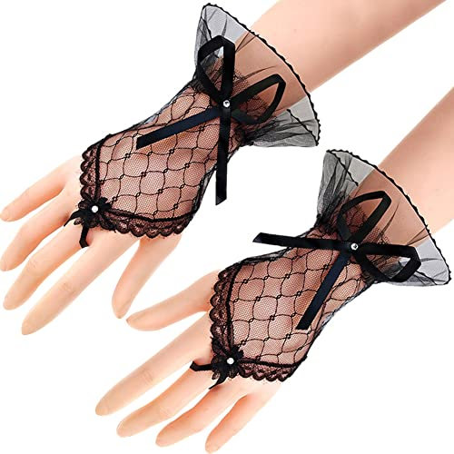 ihreesy Kurz Spitze Brauthandschuhe, Damen Fingerlose Spitzenhandschuhe Hochzeitshandschuhe mit Strass Mesh Braut Handschuhe Sommer Handgelenk Hochzeithandschuhe für Frauen Mädchen,Schwarz