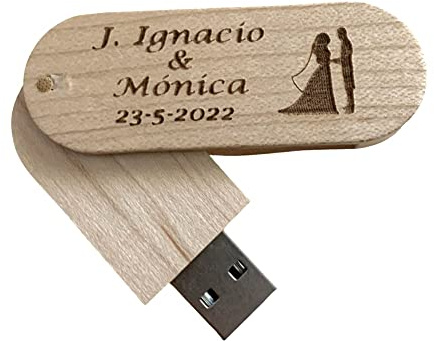 Regalo Grabado - 1 Memoria Personalizada 32GB o 64 GB USB 3.0 | Madera Natural | Grabado de Texto o Logo Boda, Cumpleaños, Empresa | Unidades (1)
