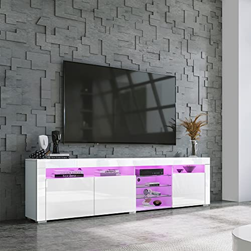 BESTWANTED TV-Ständer mit LED-Leuchten, moderner Hochglanz-TV-Schrank TV-Einheit 180 cm mit 3 Türen und offenen Glasregalen für Schlafzimmer, Wohnzimmer, Wohnmöbel (Weiß)