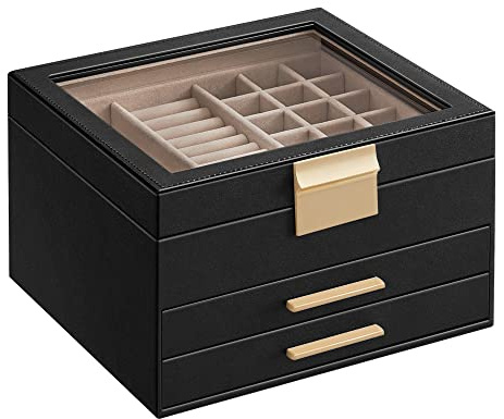 SONGMICS Colección GISELLA - Caja de Joyas, Caja Joyero de 3 Niveles, Estuche de Joyería, con 2 Cajones, Gran Capacidad, Estilo Moderno, Negro Tinta y Dorado, 20,3 x 23,1 x 13,5 cm JBC239B03