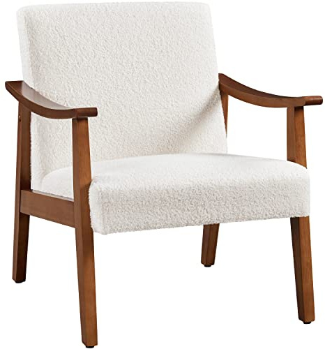 Yaheetech Fabric Accent Chair, Mid-Century Modern Armchair with Solid Wood Legs, Reading Leisure Chair with High Back for Living Room Bedroom Waiting Room,Ivory