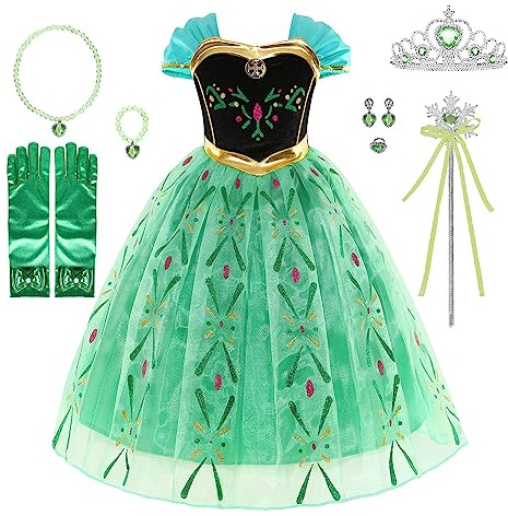 WIOLETA Prinzessin Kleid Mädchen Prinzessin Kostüm Mädchen mit Krone Zauberstab Halskette Armband Ohrringen Ring Weihnachten Halloween Geburtstag 130