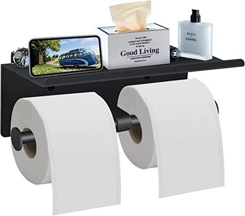 Aneder Toilet Paper Holder with Shelf, Wall Mounted Storage, Double Roll Tissue Dispenser for Bathroom, Black