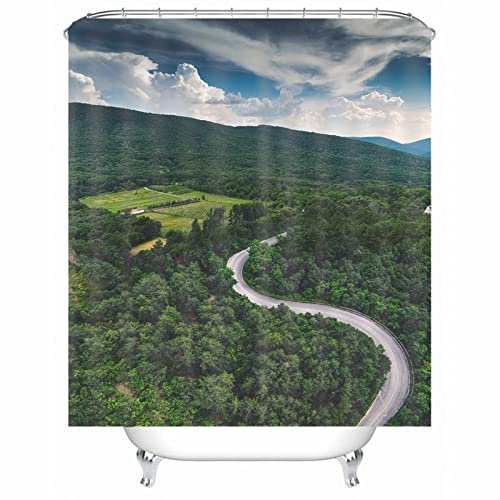 Whoiy Duschvorhang Waschbar Grün, Duschrollo Um Die Ecke 150X180cm Polyester Duschvorhänge Bergbäume für Badezimmer Badewanne