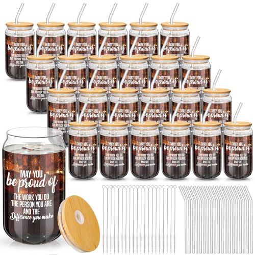 Dandat 24 Set Employee Appreciation Gifts Thank You Team Gifts Bulk for Staff Coworker 16oz Can Shaped Inspirational Glass Cup Bulk with Lid Straw Brush for Team Teacher Nurse(Single Style)