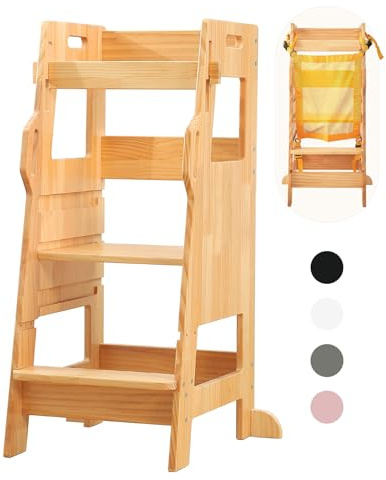 FUNLIO Torre Montessoriana Bambini con Rete Sicurezza, Torretta Montessori, Regolabile in 3 Livelli, Torre di Apprendimento, Facile Montaggio, Approvato CPC