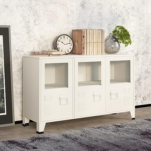 Homgoday Industrial Sideboard Weiß 105x35x62 cm Metall und Glas Aufbewahrungsschrank Beistellschrank viel Stauraum Anrichte Standschrank Mehrzweckschrank Schrank für Wohnzimmer