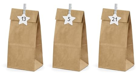 PartyDeco Adventskalender Tüten zum Befüllen 8x6,5x21cm Papier Set - Adventskalender Set - Papiertüten Kraftpapier mit weißen Sternen