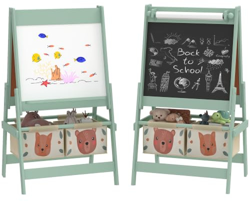AIYAPLAY Kinder Staffelei Doppelseitige Whiteboard und Tafel 3-8 Jahre Grün | Kindertafel Standtafel mit Papierrolle, Inkl. Zubehör, für Jungen & Mädchen