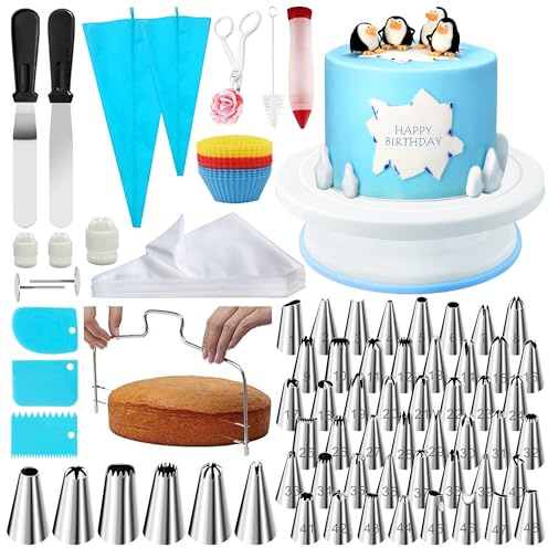 AZOMKER Kit Pasteleria y Reposteria Utensilios 181PC,Base Giratoria Tartas,Manga Pastelera Profesional, Decoración de Pasteles 54 Boquillas Torta giratoria,Plato Giratorio Para Tartas (azul-181PC)