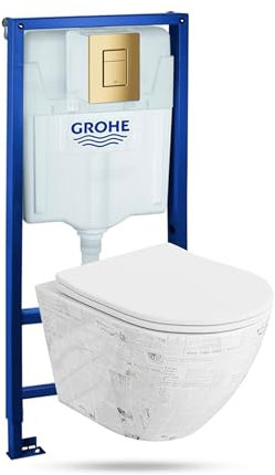 LAVITA | Élément mural Solido + WC suspendu mural Sofi Slim Paper blanc sans bord + abattant WC SoftClose | Bouton doré | Kit complet | Réservoir de chasse encastré | Kit complet | WC complet |