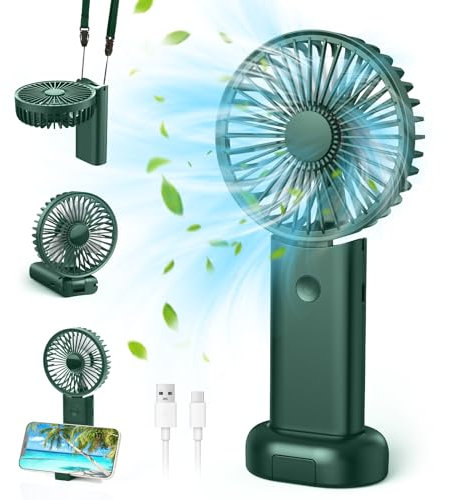 Handventilator, Tragbarer Mini Ventilator, 5-in-1 Hand Ventilator Mit 3 Speeds, Handventilator Akku Aufladbar, Faltbarer USB-Ventilator Klein für Outdoor Camping Büro Hause Reisen Geschenk(Grün)
