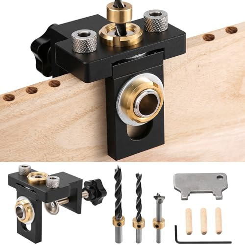 3-in-1 Bohrschablone,Einstellbare Holzdübel Bohrlehre Möbelbau,Taschenloch Jig Kit mit 8/10/15mm Drill Bit für Holzbearbeitung Schreiner Flächenverbindungen und exakt Dübellöcher