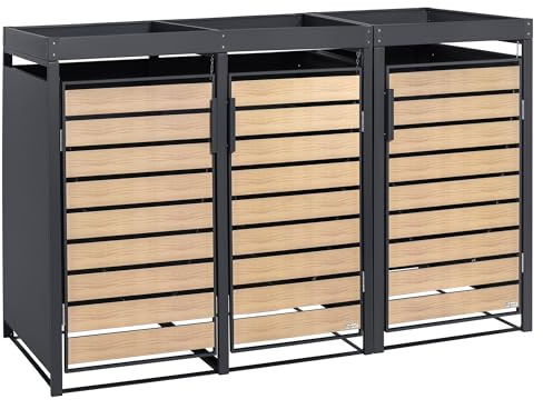 Zelsius Mülltonnenbox 3er mit Pflanzdach für 3 Tonnen | 120-240 Liter | Anthrazit RAL 7016 | Tür in Holzoptik inkl. Erweiterungsmöglichkeit | Müllboxen, Mülltonnenhäuschen