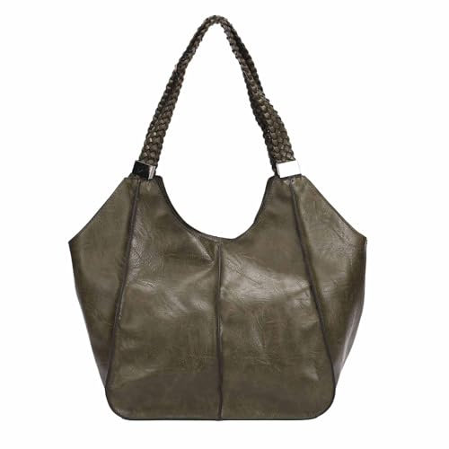 OBC Damen XXL Tasche Schultertasche Shopper Businesstasche Umhängetasche Workbag Henkeltasche Reisetasche FLECHTOPTIK Henkel Leder Optik Olivgrün