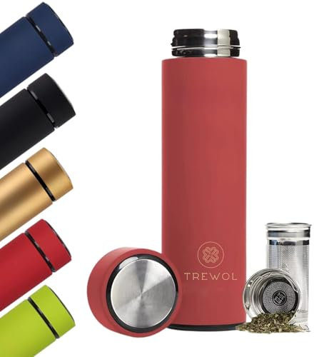 TREWOL Botella Térmica con filtro Infusor de Acero Inoxidable 500ml - Termo para Té, Infusiones y Café con doble parede aislante. Diseño Moderno y Hermético - Libre de BPA(Rojo)