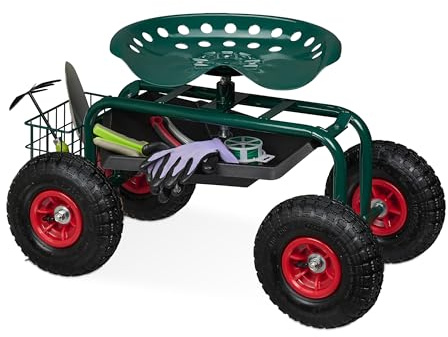 Relaxdays fahrbarer Gartensitz, höhenverstellbar, 150 kg, Stauraum, Rollsitz für Gartenarbeit, Stahl, Luftreifen, grün