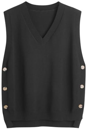 Minetom Pull sans Manche Femme Gilet en Tricot Automne Hiver Débardeurs Chandail Bureau Pullover Couleur Unie Boutons Tops Hauts A Noir XL