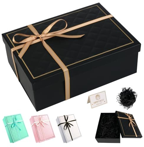 Geschenkbox mit Deckel, Geschenk box mit Schleife und Grußkarte, 25×18×8,8 cm Rechteck Geschenkkarton, Faltbare Geschenkschachtel für Geburtstag, Fest, Jahrestag, Hochzeit, Weihnachten (Schwarz)