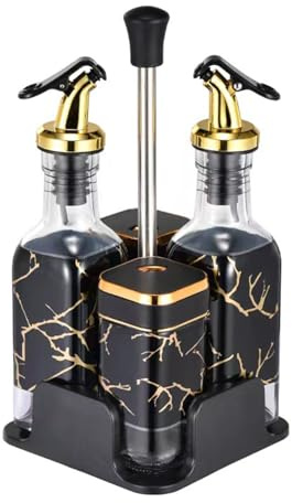 VaNaene Set de distributeur en verre pour bouteille d'assaisonnement, capacité 200ml, avec support pivotant en acier inoxydable à 360°, set de distributeur d'huile et de vinaigre (Black_Gold_T221, 4)