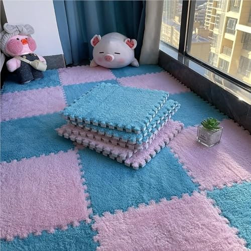 30 * 30 * 0,6 cm Eva-Schaum-Puzzle-Teppich, ineinandergreifende Teppichfliesen, Flauschige Schaumstoff-Bodenmatte, Plüsch-Teppich, 12 Stück(Blue Pink)