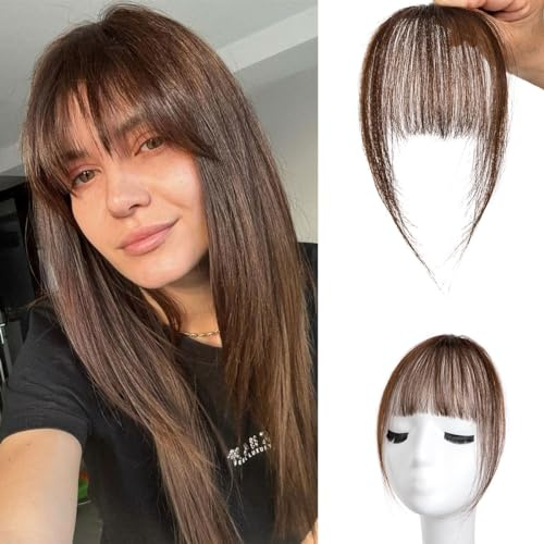 Pony-Haarverlängerung mit Clip, 100% Echthaar, für Damen, für den täglichen Gebrauch (A-Dark Brown3, Wispy Bangs)