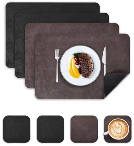 Wanfolle Tischsets Abwaschbar und Untersetzer 4er Set, Tischsets Leder Platzset Abwischbar Doppelseitigen Hitzebeständig Wasserdicht rutschfest Platzdeckchen Lederoptik (Dunkelbraun Schwarz)