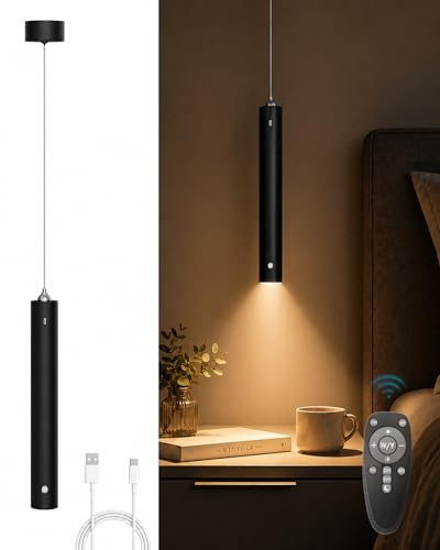 ACMHNC Trådlös Pendellampa med Batteri, Uppladdningsbar LED Hänglampa med Fjärrkontroll, 4500 mAh USB-C, 500 lm Dimbar, 3 Ljusfärger, Timer, Utan Sladd, Svart, för Matbord och Sovrum