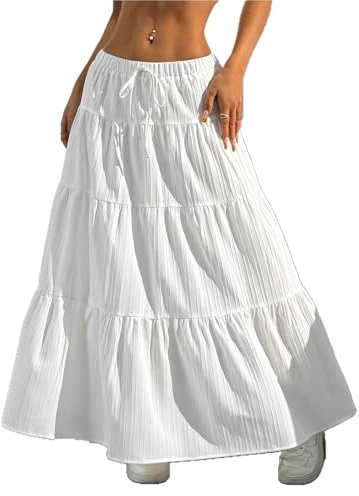 XFSRG Jupe Longue Femme d'Été Taille Haute Elastique A Ligne Élégante Plissée Bohême Maxi Jupes pour Vacances Plage Décontractée(Blanc/S)