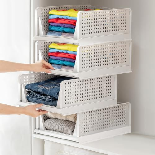 4 Pack White Foldable Closet Organizer Stackable Storage Boxes | Big Sturdy Plastic Storage Baskets, Drawers for Bedroom, Kitchen and Bathroom Organization