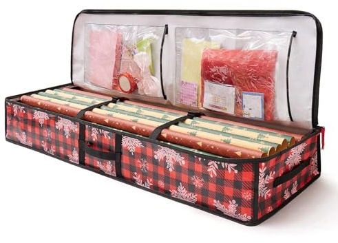 Himissy Contenitore per Carta da Regalo Natalizia, Borsa Porta Rotoli Carta da Regalo, Organizzatore Carte di Natale, Nastri, Etichette e Fiocchi per la Conservazione, 82 x 34 x 13 cm (A scacchi)