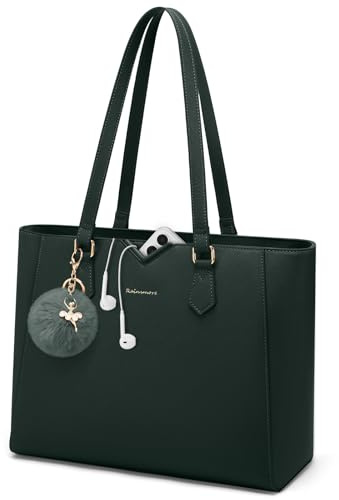 RAINSMORE Handtasche Damen Groß Shopper Tasche Damen PU Leder Laptoptasche Damen Wasserdichte Arbeitstasche Tote Bag mit Reißverschluss Abnehmbarem Pompon für Business Büro Dunkelgrün