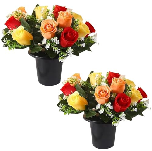 2 Pack Grave Artificial Flowers, 12 Heads Silk Rose Memorial Flowers | Red Orange Yellow, Weather Resistant, Cemetery Flowers with Pot, Waterproof Faux Bouquet, Tombstone Funeral Garden Decoration