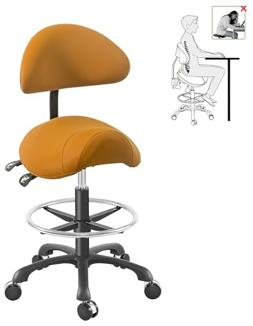 Ergonomic Adjustable Drafting Chair with Oversized Saddle Seat, Heavy-Duty Esthetician Stool for Salon Office Workshop Stool, Smooth Casters for Hard Soft Floors(with Backrest/Footrest,Camel)