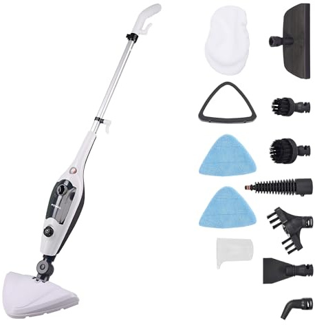 Powell Dampfreiniger Handgerät 12-in-1 – Handdampfreiniger für Boden, Polstermöbel, Fenster & Auto, Dampfreiniger für Alles, Steam Cleaner mit 1300W, Dampfmopp Weiß/Grau