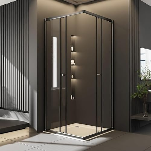 Goezes Eckeinstieg Duschkabine Schwarz 75x80x185cm Schiebetür, Duschabtrennung Dusche aus 6mm ESG Glas Duschwand, Schwarz Eckdusche Duschtür