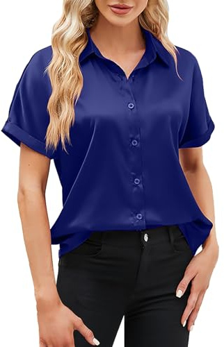 Blusas de seda satinada para mujer, blusas de manga corta con botones y cuello de solapa, camisas casuales de ajuste holgado, camisa de oficina de negocios
