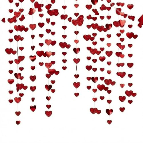 PAKESI Red Heart Garland Hanging Decorations, Pre-Strung Glitter & Shiny Red Heart String 40 Ft for Valentine‘s Day Wedding Backdrop, Engagement & Bridal Shower Party Decor