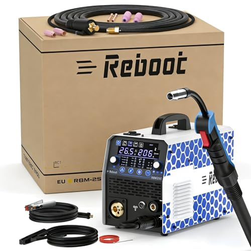 Reboot Soldador 7 en 1, 205A Máxima, MIG/MAG con Gas y Sin Gas (FCAW), MMA, Lift-TIG con Antorcha, Soldadura por Puntos, Preparado para Aluminio – Pantalla Digital IGBT – RBM205PRO