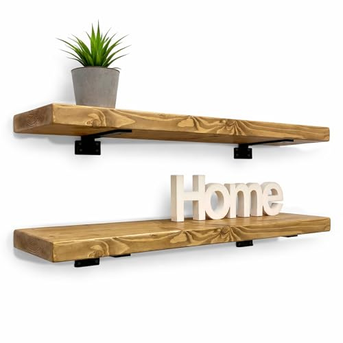 MKGT Rustic Floating Wall Shelves Set of 2, Solid Pine 45mm Thick with Heavy Duty Brackets, 75kg Load Capacity for Kitchen, Bathroom, Living Room – UK Made (Dark Oak, 80cm)