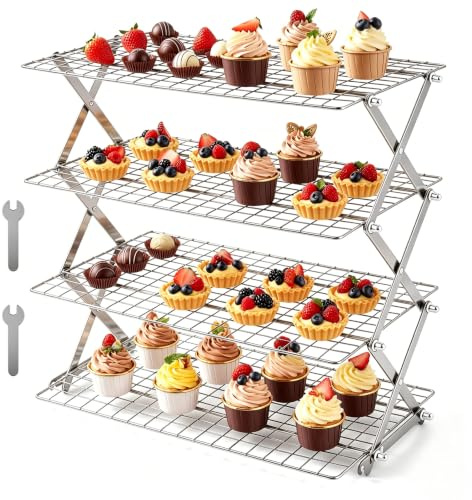 Upgrade 4 Tier Collapsible Cooling Rack - Adjustable Stainless Steel Baking Rack with Leak-Proof Mesh, X-Shaped Structure Cooling Rack for Cooking and Baking, Dishwasher Safe