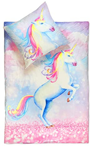 jilda-tex Kuschelbettwäsche Bettwäsche 135x200 cm + 80x80 cm Sparkle Unicorn Einhornbettwäsche