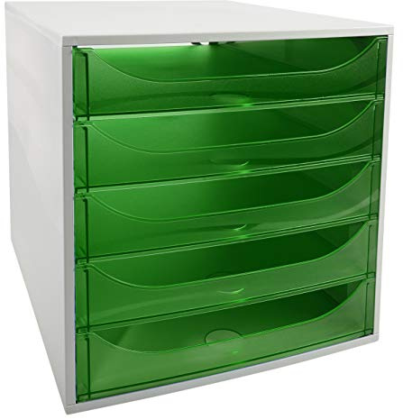 Exacompta 229697D Ablagebox Linicolor mit 5 Schubladen für DIN A4+ Dokumente. Ecobox mit hoher Kapazität für mehr Platz auf dem Schreibtisch Big Box Grau|Grün transluzent