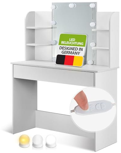 Juskys Schminktisch mit Beleuchtung und Spiegel, Vanity Table, Schublade & 4 Ablagefächern - Holz - Weiß - Kosmetiktisch Frisiertisch