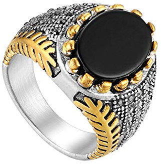 JewelryWe Ringe Herren Onyx Siegelringe: Vintage Herren-Ring Edelstahl Schwarz Achat Siegelring Band Ring für Männer Hochzeit Engagement Gold Silber Größe 65