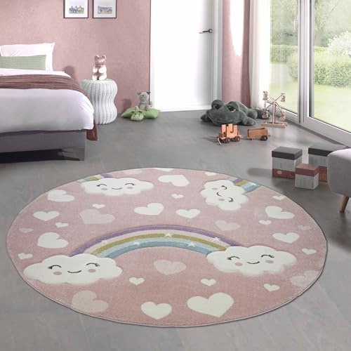 CARPETIA Kinderteppich Kinderzimmerteppich Babyteppich Regenbogen und Wolken rosa Größe 120 cm Rund