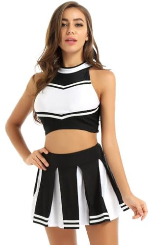renvena Damen Cheer leader Kostüm Cheerleading Cosplay Uniform Ärmellos Bauchfrei Oberteil mit Minirock Faltenrock Karneval Fasching Party Tanz Kostüme B Schwarz S