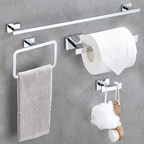 DUFU Set di 4 Accessori da Bagno, Portasciugamani 60CM in Acciaio Inossidabile, Anello Portasciugamani, Portarotolo e Gancio per Accappatoio, da Parete Argento