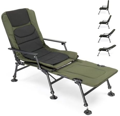 Bonnlo Professional Foldable Fishing Chair, Outdoor Heavy Duty 180° Reclining Camping Chair with Footrest, Patio Hiking/Beach/Picnic Chairs with 350 LBS Weight Limit (Extended)