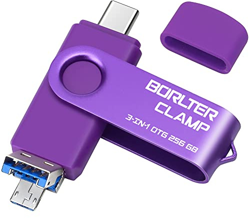 Clé USB 3.0 de 256 Go Mémoire Stick 3 en 1 pour Téléphones Android, BorlterClamp Clef USB Pendrive OTG avec 3 Ports USB (USB C/microUSB/USB-A) pour Samsung Galaxy, PC et Plus (Violet)